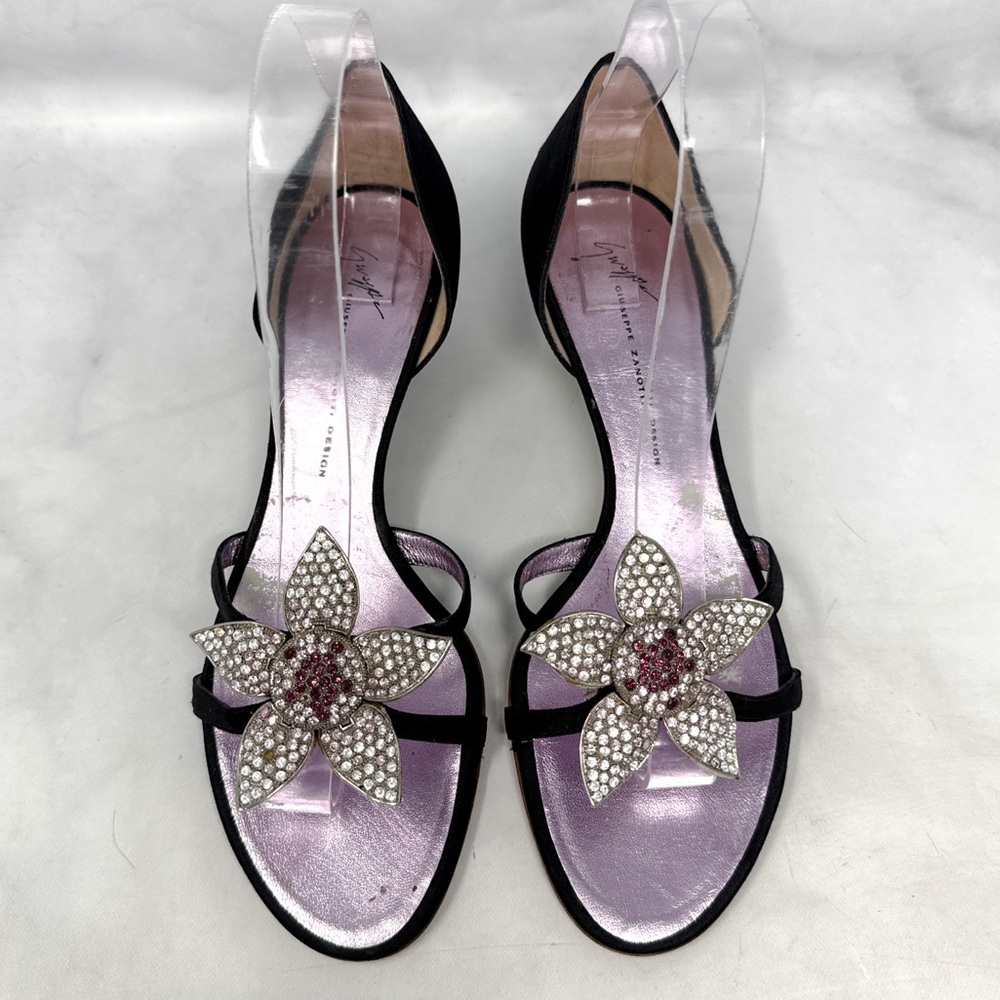 Giuseppe Zanotti Vicini Vintage Y2K Embellish Flower Silk Kitten Heel Mules Rare